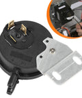 Air Pressure Switch 1.74 In WC Replacement for Intertherm and Miller HVAC Gear, shown front view with installation illustration