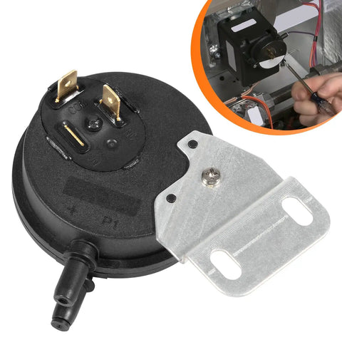 Air Pressure Switch 1.74 In WC Replacement for Intertherm and Miller HVAC Gear, shown front view with installation illustration