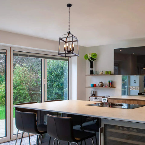 Industrial Pendant Light With Classic Black Metal Cage For Farmhouse And Modern Homes, hanging in a modern kitchen space