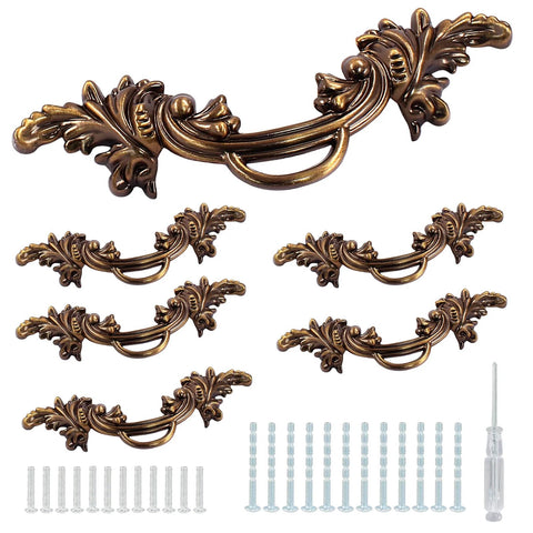 Six-Piece Vintage Cabinet Pulls Handles in bronze finish with screws and screwdriver, European style drawer pulls for dressers and furniture.