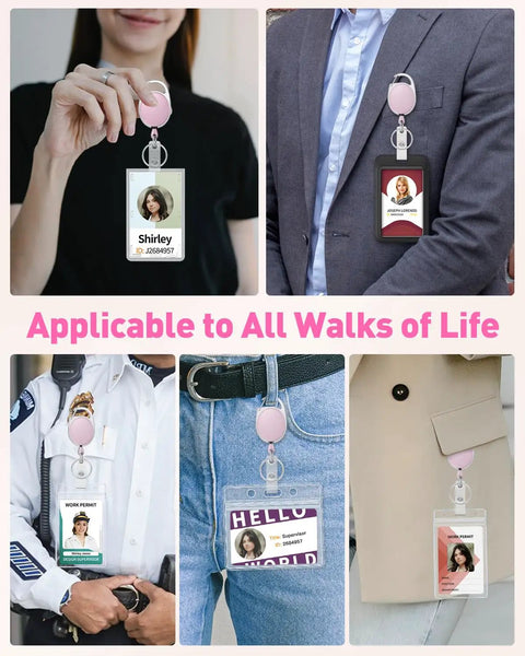 Pink 2 Pack Heavy Duty Retractable Badge Reel with 24 Inch Nylon Rope for ID badges showcased on diverse clothing styles.