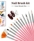 22 Piece Nail Art Tools Set With Gold Edge Resin Palette And 2 Way Acrylic Silicone Engraving Pen And Dotting Pen Kit For DIY Nail Art At Home Salon Display Board Pink featuring pink-handled nail brushes displayed on a white surface.