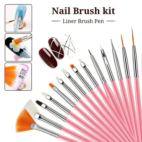 22 Piece Nail Art Tools Set With Gold Edge Resin Palette And 2 Way Acrylic Silicone Engraving Pen And Dotting Pen Kit For DIY Nail Art At Home Salon Display Board Pink featuring pink-handled nail brushes displayed on a white surface.