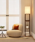 Shelf Floor Lamp With 2 USB Ports And Power Outlet next to a chair in a living room, brown finish.