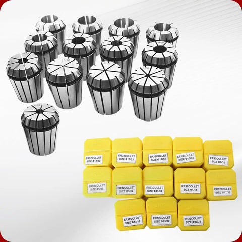 Pro Grade ER32 Collets Set 13-Piece Range From One Sixteenth To Thirteen Sixteenths Inch including labeled collets and yellow cases