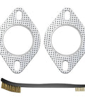 Two 58mm (2.25 inch) exhaust flange gaskets with 2-bolt holes and perforated pattern; curved brass-bristle brush.