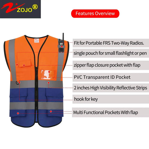Hi Vis Safety Vests With Pockets Pack Of 10 For Outdoor Work Cycling Running Walking And Sports Reflective Vests For Men And Women 2XL Mix Orange Blue ANSI ISEA 107 2015 Compliant front view showing features