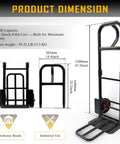 Dimensions of Beefy Heavy Duty Hand Truck With 600 Lb Capacity Steel Construction Two Wheel Dolly shown with measurements