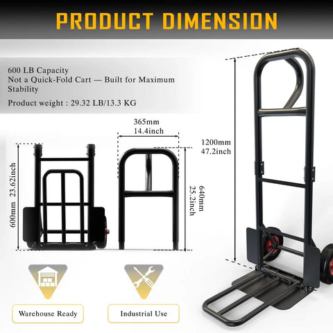 Dimensions of Beefy Heavy Duty Hand Truck With 600 Lb Capacity Steel Construction Two Wheel Dolly shown with measurements