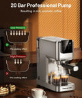 Top Shelf 20 Bar Espresso Machine With Hot And Iced Beverage Options Solid Stainless Steel Coffee Brewer showing espresso extraction.