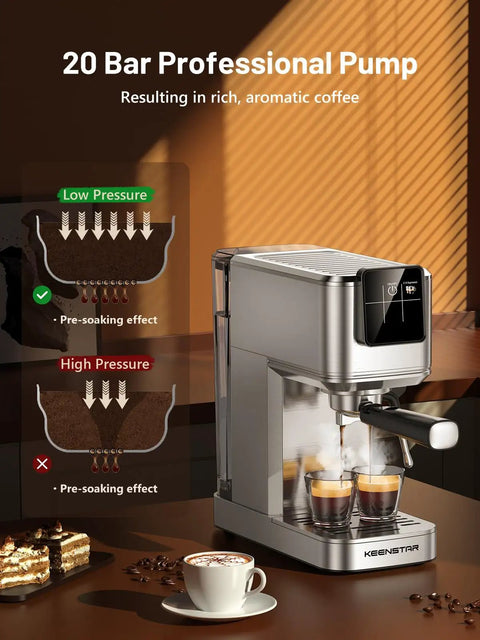 Top Shelf 20 Bar Espresso Machine With Hot And Iced Beverage Options Solid Stainless Steel Coffee Brewer showing espresso extraction.