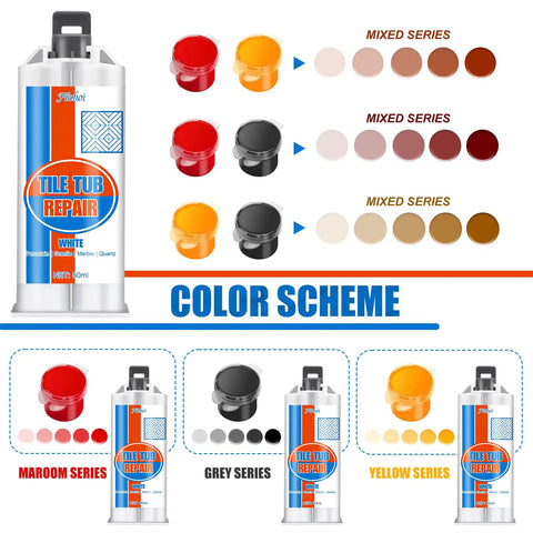 All In One Ceramic Tile Repair Kit For Chips Cracks Scratches Dents And Holes On Ceramic Porcelain Tub Fiberglass Quartz Marble And More Easy Filler To Repair Dents And Cracks Fast shown with various color options and series for repair.