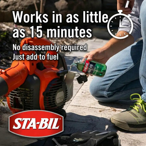 Person adding Kickstart Your Rig Small Engine Fuel Treatment And Carb Cleaner to a small engine, reviving performance quickly.