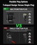 Comparison of multifunction plug vs single-function plug in flexible plug options for heavy duty waterproof AC port plug with 20A 12AWG 125V RV shore power inlet socket and 16 inch extension cord plus 5in1 T blade adapter cable outdoor outlet box for RV trailer boat.