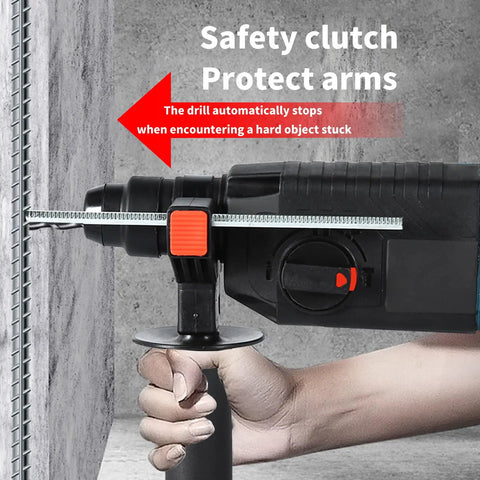 Close-up of Three In One Electric Hammer Drill Kit with safety clutch feature for concrete, showing the automatic stop function.