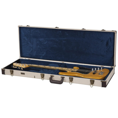 Journeyman Series Deluxe Wood Bass Case Built Tough For Electric Bass Guitars, Fits Fender Precision And Jazz Basses And More, Heavy Duty Plywood Shell, Vintage Burlap Exterior With Royal Blue Accents, Antique Brass Locking Latch. Open bass case with blue lining and electric bass inside
