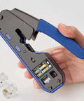 Hand holding RJ45 RJ12 RJ11 Modular Crimp Tool For Cat5 Cat5e Cat6 Connectors Strip Cut Crimp In One Blue Handle with connectors