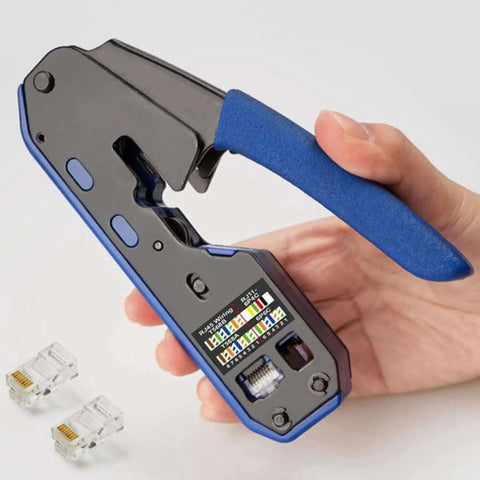 Hand holding RJ45 RJ12 RJ11 Modular Crimp Tool For Cat5 Cat5e Cat6 Connectors Strip Cut Crimp In One Blue Handle with connectors
