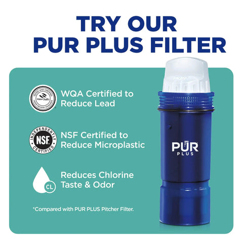 PUR Plus filter, WQA and NSF certified, reduces lead, microplastic, chlorine taste and odor.