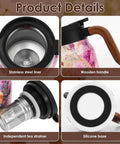 Floral Pattern Teapot With Wood Handle, Insulated Stainless Steel Thermal Teapot With Infuser, V Shape Mouth For Loose Leaf Tea, 50.73 Oz