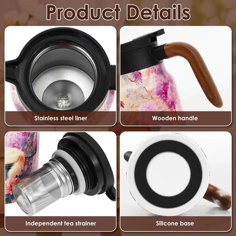 Floral Pattern Teapot With Wood Handle, Insulated Stainless Steel Thermal Teapot With Infuser, V Shape Mouth For Loose Leaf Tea, 50.73 Oz