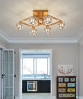 Farmhouse Chandelier With Orb Glass Globes And Oak Finish 6 Light Totally Rustic Vintage Pendant Light Fixture For Kitchen Island Dining Room Living Room Foyer And Entryway UL Listed, mounted on ceiling in a modern kitchen setting