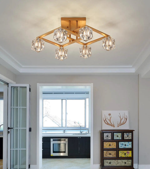 Farmhouse Chandelier With Orb Glass Globes And Oak Finish 6 Light Totally Rustic Vintage Pendant Light Fixture For Kitchen Island Dining Room Living Room Foyer And Entryway UL Listed, mounted on ceiling in a modern kitchen setting