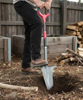 Heavy Duty Garden Shovel With Serrated Blade For Root Cutting And Digging In Tough Soil used in landscaping by man in yard