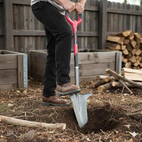 Heavy Duty Garden Shovel With Serrated Blade For Root Cutting And Digging In Tough Soil used in landscaping by man in yard
