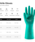 Heavy Duty Nitrile Chemical Resistant Gloves Five Pair Set 15 Mil Thick Latex Free Medium With Extended Cuffs size chart with dimensions and specifications.
