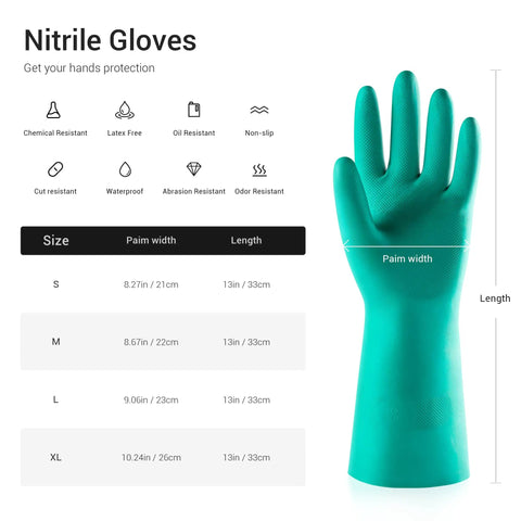 Heavy Duty Nitrile Chemical Resistant Gloves Five Pair Set 15 Mil Thick Latex Free Medium With Extended Cuffs size chart with dimensions and specifications.