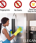Person cleaning fridge with Refrigerator Door Handle Covers No Fuss Set Of 6 Fits Most Fridges And Microwave Handles, black covers visible