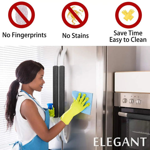 Person cleaning fridge with Refrigerator Door Handle Covers No Fuss Set Of 6 Fits Most Fridges And Microwave Handles, black covers visible