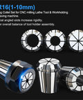 Heavy Duty ER16 Spring Collet Chuck 1 To 10mm And Inch Sets Fits CNC Engraving Machines with multiple collet chucks displayed.