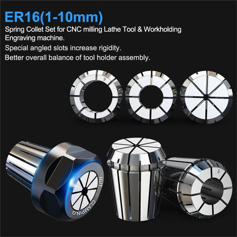 Heavy Duty ER16 Spring Collet Chuck 1 To 10mm And Inch Sets Fits CNC Engraving Machines with multiple collet chucks displayed.