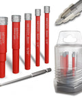 Rock Solid 6 Piece Diamond Hole Saw Drill Bit Set With Serrated Pilot For Ceramic Glass Tile Marble Granite Dry Or Wet Drilling High Precision Kit with red handles and diamond tips