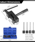 Motorcycle Chain Rivet Tool Kit, 15 Piece Set with dimensions showing chain breaker, rivet tool, link removal parts in a blue case