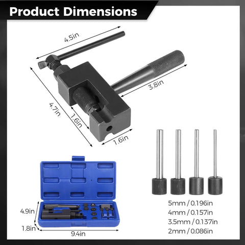Motorcycle Chain Rivet Tool Kit, 15 Piece Set with dimensions showing chain breaker, rivet tool, link removal parts in a blue case