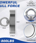 Front view of Mytracpro fishing magnet kit, single-sided 800 lb pull magnet with stainless steel ring, 3-inch diameter
