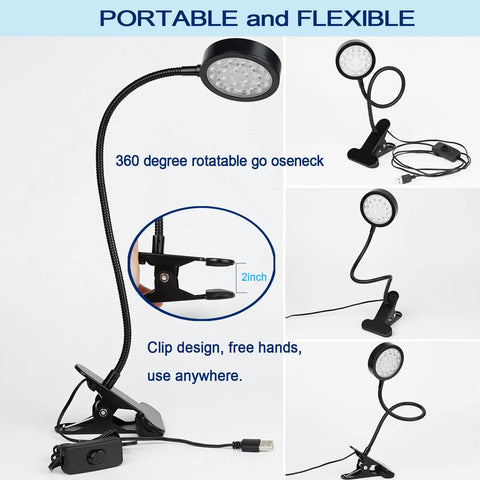 USB Powered UV LED Black Light Clamp Lamp with Flexible Gooseneck Clip, 5W 395nm, showing clamp design and rotatable neck.