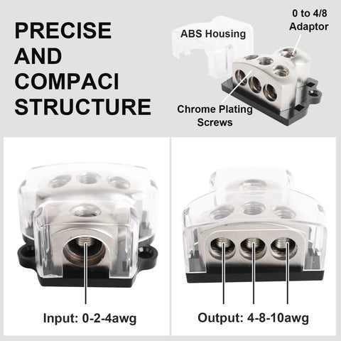 Beefy Three Way Ground Distribution Block For Car Audio Power With 0 Gauge Input And 4 Gauge Output Ports Heavy Duty Ground Splitter For Automotive Truck Boat And Marine Amp Install 1 Pack, clear ABS housing