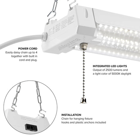 Close-up of the 2 Ft LED Shop Light Fixture For Garage And Workshop, 20W, 2500 Lumens, 5000K Daylight, Clear Lens highlighting pull chain and power cord.