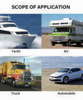 Scope of application for Two Pack 3/8 Inch 12V Car Battery Junction Block showing yacht, RV, truck, and automobile usage.