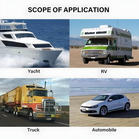 Scope of application for Two Pack 3/8 Inch 12V Car Battery Junction Block showing yacht, RV, truck, and automobile usage.