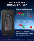 Turbocharged 54.6V 3A Ebike Charger With Auto Shutoff And Intelligent Temperature Control For 48V Lithium Batteries UL Certified Electric Bike Charger In Fire Resistant Case 100 Percent Faster Charging Cooler Temperature Longer Lifespan showing compatibility and output specifications