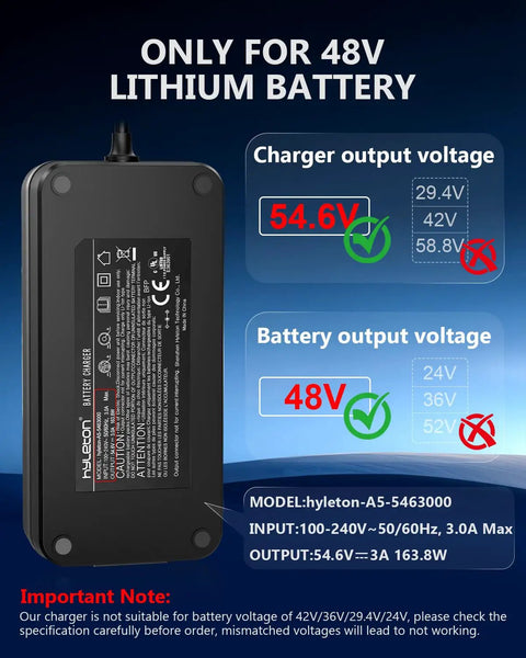 Turbocharged 54.6V 3A Ebike Charger With Auto Shutoff And Intelligent Temperature Control For 48V Lithium Batteries UL Certified Electric Bike Charger In Fire Resistant Case 100 Percent Faster Charging Cooler Temperature Longer Lifespan showing compatibility and output specifications