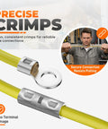 Built Tough Ratcheting Crimp Tool For AWG 22 To 6 Non Insulated Butt Ring Fork Spade Terminals Featuring Slick Operation And No Sweat Wire Termination Every Single Time with precise crimp on yellow wire.