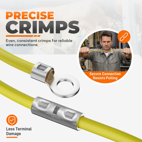 Built Tough Ratcheting Crimp Tool For AWG 22 To 6 Non Insulated Butt Ring Fork Spade Terminals Featuring Slick Operation And No Sweat Wire Termination Every Single Time with precise crimp on yellow wire.