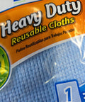Close-up of Heavy Duty Reusable Cloths packaging with blue textured wipes visible inside, labeled for tough mess use