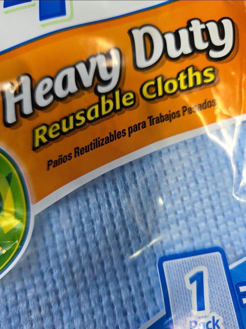 Close-up of Heavy Duty Reusable Cloths packaging with blue textured wipes visible inside, labeled for tough mess use